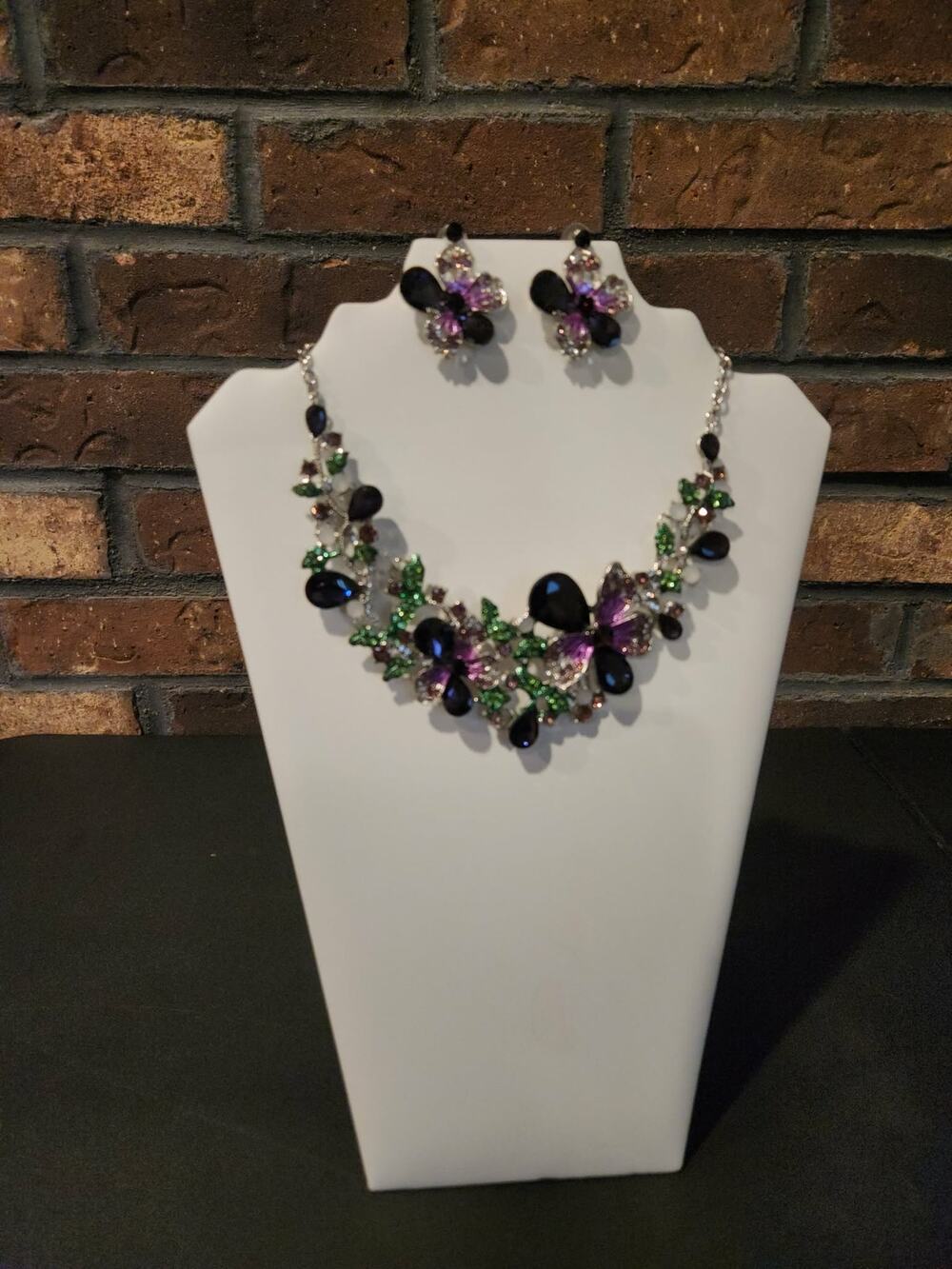 Purple & Green Rhinestone Floral Necklace with Matching Stud Dangle Earrings